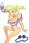  abs ass bare_shoulders breasts cleavage cuffs fingernails g-string green_eyes horn large_breasts long_hair midriff namasomi no_pants off-shoulder_shirt one_eye_closed panties pointy_ears ponytail prison_clothes scythana shackles sharp_fingernails shirt simple_background sitting skullgirls solo striped striped_shirt thong underwear white_background 