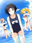  3girls american_flag american_flag_bikini ball beachball bikini black_hair blonde_hair blue_eyes brown_eyes brown_hair eyes_closed flag_print highres jinchu_lee long_hair maji_de_watashi_ni_koi_shinasai! multiple_girls ocean oshitari_azumi school_swimsuit short_hair smile stacy_connor standing swimsuit twintails water 