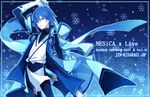  alternate_color alternate_eye_color alternate_hair_color blazblue blue_eyes blue_hair character_name gloves ice jin_kisaragi male_focus sk_(ryolove) snowflakes solo sword weapon 