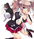  blue_eyes boots bra breasts cleavage danganronpa danganronpa_1 enoshima_junko grin hair_ornament knee_boots maon_(hikouya) medium_breasts monokuma necktie one_eye_closed pink_hair pleated_skirt skirt sleeves_rolled_up smile spoilers underwear white_background 