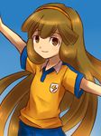  bad_id bad_pixiv_id blue_background brown_eyes brown_hair enekon hairband inazuma_eleven_(series) inazuma_eleven_go inazuma_eleven_go_chrono_stone light_smile lightning_bolt long_hair nanobana_kinako orange_hairband raimon raimon_soccer_uniform soccer_uniform solo sportswear very_long_hair 