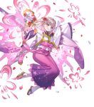  1girl attack character_doll doll fire_emblem fire_emblem_heroes floral_print geta gradient_clothes gradient_hair gradient_kimono green_eyes grey_hair grin hagoita hand_fan highres holding holding_fan japanese_clothes kimono long_hair mechanical_wings multicolored_hair noir_eku non-web_source official_alternate_costume official_art paddle petals pink_hair pink_kimono smile solo tabi vali_(devoted_sister)_(fire_emblem) vali_(fire_emblem) white_kimono wings yukata 
