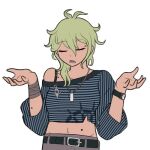  1girl amami_rantaro antenna_hair belt black_belt brown_pants closed_eyes commentary crop_top danganronpa_(series) danganronpa_v3:_killing_harmony english_commentary genderswap genderswap_(mtf) green_hair hands_up king_of_the_carousel long_hair lower_teeth_only lowres mole mole_on_arm mole_on_shoulder mole_on_stomach navel open_mouth pants shirt simple_background single_bare_shoulder solo striped_clothes striped_shirt teeth watch white_background wristwatch 