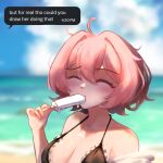  1girl absurdres ahoge armpit_crease bare_shoulders beach bikini black_bikini black_hair blurry blurry_background blush breasts cleavage closed_eyes collarbone commentary eating english_commentary english_text food food_in_mouth frilled_bikini frills h3p0 hair_intakes halterneck hand_up highres holding holding_food holding_popsicle medium_breasts melting_popsicle multicolored_hair off_shoulder osu! outdoors pink_hair pippi_(osu!) popsicle popsicle_in_mouth portrait request_inset shawl shiny_skin solo swimsuit two-tone_hair white_shawl 