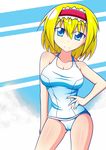  alice_margatroid blonde_hair blue_eyes breasts cleavage hairband hamiyun highres large_breasts one-piece_swimsuit school_swimsuit short_hair smile solo swimsuit touhou white_school_swimsuit white_swimsuit 