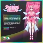  1girl ahoge angel armband artliel ashliel_ailove asymmetrical_legwear blue_sash bodysuit bow bow_earrings breasts choker cupid detached_sleeves detached_wings earrings eyeshadow facial_mark full_body gold_armband gold_headband gradient_eyes halo headband heart heart-shaped_mole heart-shaped_pupils heart-shaped_thong heart_ahoge heart_facial_mark heart_pasties highres jewelry large_breasts legband makeup mole mole_under_mouth multicolored_eyes panties_visible_through_clothes pasties pendant pink_bodysuit pink_hair reference_sheet sash see-through_clothes shiqila short_twintails sleeveless solo symbol-shaped_pupils thighhighs twintails vir2alverse virtual_youtuber white_thighhighs wide_hips wings 