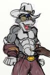 abs anthro belt black_nose bottomwear brown_bottomwear brown_clothing brown_pants canid canine canis cheek_tuft clothing cowboy_hat cowboy_outfit duo eyewear facial_tuft fur fur_tuft furgonomic_hat furgonomic_headwear furgonomics glasses grey_body grey_fur hat headgear headwear kctk low_res male mammal muscular muscular_anthro muscular_male navel open_mouth open_smile pants pecs smile solo_focus tickle_fetish tickling tickling_navel tongue tuft wearing_glasses white_clothing white_hat white_headwear wolf