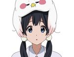  animal animal_on_head bad_id bad_pixiv_id bird bird_on_head blue_eyes dera_mochimazzui hamaru01 kitashirakawa_tamako long_hair looking_at_viewer mole mole_on_neck on_head simple_background tamako_market upper_body white_background 