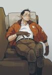  1boy absurdres bandages black_hair bomber_jacket boots cheetahman_(1ddghfr78cswc) couch disco_elysium glasses gloves hair_slicked_back highres injury jacket kim_kitsuragi lying male_focus pants pillow round_eyewear shirt sleeping solo t-shirt undercut v-neck 