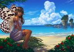  bad_id bad_pixiv_id barefoot beach blue_eyes brown_hair butterfly_wings cloud dark_skin day flower genshi happy long_hair ocean original outdoors pointy_ears sitting sky solo tattoo water wings 