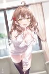  1girl asymmetrical_legwear bare_shoulders black_thighhighs breasts brown_hair cleavage commentary_request gabiran hair_ornament index_finger_raised indoors jewelry large_breasts leaning_forward long_hair long_sleeves looking_at_viewer loose_thighhigh mariya_mikhailovna_kujou necklace open_mouth smile solo standing sweater thighhighs tokidoki_bosotto_roshia-go_de_dereru_tonari_no_alya-san uneven_legwear yellow_eyes 