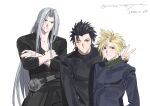  3boys belt black_coat black_hair black_sweater blonde_hair chest_strap closed_mouth cloud_strife coat commentary_request crisis_core:_final_fantasy_vii crossed_arms dated final_fantasy final_fantasy_vii green_scarf grey_hair highres long_hair looking_at_viewer male_focus minaminooyama multiple_boys one_eye_closed parted_bangs scarf sephiroth short_hair simple_background smile spiked_hair sweater turtleneck turtleneck_sweater twitter_username upper_body v white_background zack_fair 
