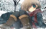  black_legwear blush boots brown_hair fur_boots green_eyes jacket lying one_eye_closed original panties panties_under_pantyhose pantyhose pantyshot sakaki_(noi-gren) scarf short_hair skirt snow tree ugg_boots umbrella underwear wince winter_clothes 