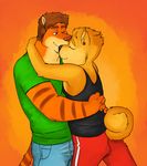  canine couple cuddling dog duo eyes_closed feline fur gay genchi hug male mammal shiba_inu tiger 