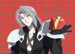  1boy armor black_coat black_gloves box checkered_background chest_strap christmas christmas_present closed_mouth coat collarbone commentary_request dated final_fantasy final_fantasy_vii gift gift_box gloves grey_hair highres holding holding_gift looking_at_viewer male_focus minaminooyama parted_bangs red_background sephiroth shoulder_armor solo translation_request twitter_username upper_body 
