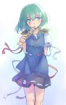  1girl arm_behind_back asymmetrical_clothes black_skirt blue_vest buttons commentary_request covering_own_mouth epaulettes green_eyes green_hair hand_up holding holding_rod knees light_blush medium_hair one-hour_drawing_challenge puffy_short_sleeves puffy_sleeves rangycrow red_ribbon ribbon ribbon-trimmed_skirt ribbon_trim rod rod_of_remorse shiki_eiki short_sleeves sideways_glance skirt solo touhou vest white_background white_ribbon 