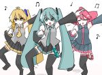 3girls :d =_= ahoge akita_neru aqua_eyes aqua_hair aqua_necktie arm_up beamed_eighth_notes black_boots black_skirt black_sleeves blonde_hair boots cellphone chachacha_(champon_ken) collared_shirt commentary_request dancing detached_sleeves drill_hair eighth_note flip_phone grey_shirt grey_skirt grey_sleeves hair_ornament hatsune_miku highres holding holding_phone kasane_teto kasane_teto_(utau) long_hair long_sleeves medium_hair meme_request miniskirt multiple_girls musical_note necktie open_mouth outstretched_arm phone pleated_skirt quarter_note shirt side_ponytail simple_background skirt sleeveless sleeveless_shirt smile thigh_boots triple_baka_(vocaloid) twin_drills twintails utau v-shaped_eyebrows very_long_hair vocaloid white_background wide_sleeves yellow_eyes yellow_necktie 