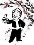  1boy absurdres branch cherry_blossoms commentary_request fallout fewer_digits flower full_body greyscale grin hand_on_own_hip highres jumpsuit male_focus monochrome okazu_(sumi-e) outstretched_arm pink_flower second-party_source short_hair smile solid_oval_eyes solo spot_color standing thumbs_up vault_boy vault_suit 