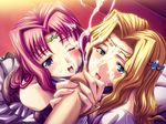  2girls blonde_hair blue_eyes blush fellatio game_cg kantaka long_hair mashou_no_nie multiple_fellatio multiple_girls oral penis pink_hair roxana_katousha sarah_katousha uncensored 