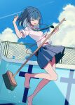  1girl ben-day_dots blue_hair blue_skirt blue_sky blunt_bangs brand_name_imitation cellphone chain-link_fence cleaning cleaning_brush cleaning_pool closed_eyes cloud collared_shirt commentary_request contrail dutch_angle earbuds earphones empty_pool fence foot_out_of_frame green_necktie green_trim hair_intakes haruwo highres holding holding_brush jumping listening_to_music medium_hair midair necktie open_mouth original outdoors phone pleated_skirt pocari_sweat pool pool_ladder school_uniform screentones shade shadow shirt short_sleeves skirt sky smartphone solo sweat swept_bangs unconventional_guitar white_shirt 