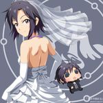  backless_outfit bare_shoulders black_eyes character_name chibi dress elbow_gloves gloves idolmaster idolmaster_(classic) jewelry kikuchi_makoto kouchou looking_back makochii multiple_girls necklace puchimasu! purple_eyes smile tuxedo veil wedding_dress 