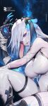  1girl absurdres animal_ears bandaged_arm bandages barcode bare_shoulders blood blood_on_face blue_eyes blue_nails bodysuit breasts chaos_zero_nightmare copyright_logo copyright_name covered_nipples english_commentary feet_out_of_frame hand_up highres hole_in_hand large_breasts logo looking_at_viewer medium_hair mole mole_under_mouth narja_(chaos_zero_nightmare) official_art official_wallpaper open_mouth pale_skin scar skin_tight sleeveless sleeveless_bodysuit solo space star_(sky) starry_sky_background teeth thigh_strap thighs very_long_fingernails white_bodysuit white_hair 