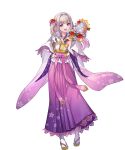  1girl character_doll doll fang fire_emblem fire_emblem_heroes floral_print geta gradient_clothes gradient_hair gradient_kimono green_eyes grey_hair hagoita hand_fan hand_on_own_hip highres holding holding_fan japanese_clothes kimono long_hair looking_at_viewer multicolored_hair noir_eku non-web_source official_alternate_costume official_art open_mouth paddle pink_hair pink_kimono smile solo tabi tachi-e vali_(devoted_sister)_(fire_emblem) vali_(fire_emblem) white_kimono yukata 