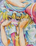  ascot blonde_hair blush colored_pencil_(medium) commentary crying crying_with_eyes_open flandre_scarlet frills hand_on_head hat hat_ribbon highres nichibotsu_(kitaziman) open_mouth red_eyes ribbon short_hair solo_focus tears touhou traditional_media wiping_tears 