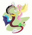  antlers cutie_mark discord_(mlp) draconequus dragon duo equine eye_contact female feral fluttershy_(mlp) friendship_is_magic fur green_eyes hair horn horse male mammal my_little_pony pegasus pink_hair pony red_eyes signature simple_background steel_tigerwolf wings yellow_fur 