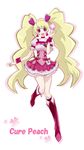  51_(akiduki) :d blonde_hair boots bow character_name choker corset cure_peach derivative_work fresh_precure! full_body hair_ornament heart heart_hair_ornament highres knee_boots long_hair magical_girl momozono_love open_mouth pink_bow pink_choker pink_eyes pink_footwear precure skirt smile solo twintails white_background wrist_cuffs 