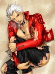  archer breath dark_skin dark_skinned_male fate/extra fate/extra_ccc fate_(series) jacket leather leather_jacket male_focus mitsuki_mitsuno red_jacket secret_garden_(fate/extra_ccc) solo torn_clothes white_hair 