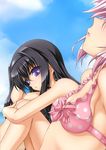  akemi_homura beach bikini black_hair hairband hand_in_hair kaname_madoka long_hair mahou_shoujo_madoka_magica multiple_girls pink_hair purple_eyes roura short_hair swimsuit twintails 