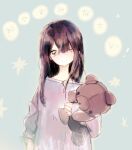  1girl black_hair brown_eyes closed_mouth holding holding_stuffed_toy kazuka long_hair long_sleeves looking_at_viewer one_eye_closed original pajamas simple_background smile solo star_(symbol) stuffed_animal stuffed_toy teddy_bear 