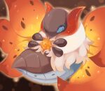  animal_focus aura blue_eyes bug commentary_request cross-shaped_pupils highres iwasi_29 moth multiple_wings no_humans pokemon pokemon_(creature) sun_stone symbol-shaped_pupils volcarona white_fur wings 