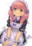  1girl apron atelier_(series) atelier_escha_&amp;_logy black_dress blue_bow bow dress escha_malier green_eyes hani_(udauda) looking_at_viewer maid_apron maid_headdress medium_hair pink_hair solo white_background 