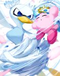  1girl beak blue_eyes blush_stickers closed_eyes colored_skin commentary_request copy_ability feathers fleurina highres kirby kirby_(series) kirby_and_the_forgotten_land leo_taranza looking_at_another petals pink_skin tornado_kirby wings 