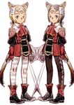  animal_ears bad_id bad_pixiv_id blonde_hair boots branch_(blackrabbits) brown_hair circlet final_fantasy final_fantasy_xi mithra multiple_girls pantyhose red_mage shield short_hair smile striped striped_legwear sword tail thighhighs weapon 