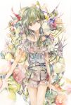  1girl :o breasts brown_eyes dress flower food fruit green_hair grey_dress jewelry kazuka lemon long_hair looking_at_viewer mandarin_orange necklace open_mouth original painting_(medium) small_breasts solo traditional_media watercolor_(medium) watermelon white_background 