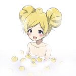  1girl armpits bare_shoulders bathing blonde_hair blush breasts collarbone dot_nose double_bun emily_stewart eyelashes food food_on_head fruit fruit_on_head hair_bun highres idolmaster idolmaster_million_live! idolmaster_million_live!_theater_days matcha_kingyo naked_towel object_on_head open_mouth parted_bangs sidelocks small_breasts solo steam towel upper_body yuzu_(fruit) 