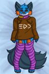 4_toes absurd_res anthro badge blue_body blue_fur brown_clothing brown_hoodie brown_pupils brown_topwear canid canine canis claws clothing constructed_script countershade_ears countershading dakimakura_pose eyebrows feet fin food footwear fruit fur generation_3_pokemon head_tuft hi_res hoodie hybrid inkling_text legwear looking_at_viewer lying male mammal nintendo on_back orange_body orange_eyes orange_gills orange_nose orange_pawpads orange_scales orange_sclera pattern_clothing pattern_legwear pawpads persim_berry persim_scarf pigeon_toed plant pokemon pokemon_(species) pokemon_berry pokemon_mystery_dungeon pupils scales sleeves_past_wrists smile smiling_at_viewer smirk smirking_at_viewer socks solo splatoon stormiehills striped_clothing striped_legwear stripes swampert tail tail_fin text thigh_highs toe_claws toeless_footwear toeless_legwear toeless_socks toes topwear tuft wolf xevy