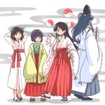  4girls black_eyes black_hair blue_footwear blue_hair blue_hakama detached_sleeves flip-flops foul_detective_satori full_body gohei green_kimono hakama hakama_skirt hakurei_reimu hat hieda_no_akyuu highres holding holding_gohei japanese_clothes kariginu kimono long_hair long_sleeves miyadeguchi_mizuchi multiple_girls orb ponytail purple_hair red_hakama red_sash sandals sash short_hair sidelocks skirt standing tate_eboshi touhou white_kimono yakousei_no_kame yellow_kimono yin_yang yin_yang_orb 