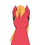 aztrial big_macintosh_(mlp) blonde_hair blursed_image earth_pony equid equine freckles friendship_is_magic front_facing fur green_eyes hair hasbro hi_res horse looking_at_viewer male mammal my_little_pony pony portrait red_body red_fur simple_background solo white_background