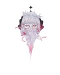  1girl body_horror cropped_shoulders crown_of_thorns glasses grey_hair guro highres looking_at_viewer multicolored_hair original red_eyes red_hair round_eyewear ryuuforkaf short_hair simple_background solo surreal tendril two-tone_hair veins white_background 