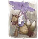  fox highres long_hair oriental_umbrella original ponytail purple_eyes purple_hair sitting solo umbrella wason 