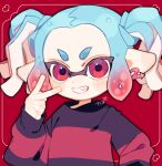  1girl black_sweater blue_hair commentary_request gradient_hair highres inkling inkling_girl inkling_player_character inset_border looking_at_viewer medium_hair multicolored_hair pointy_ears red_background red_eyes red_hair red_sweater sahata_saba simple_background smile solo splatoon_(series) sweater teeth tentacle_hair thick_eyebrows twintails two-tone_hair two-tone_sweater upper_body v 
