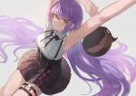  1girl absurdres armpits arms_up belt black_headwear black_ribbon black_skirt blonde_hair blush collared_shirt fang glasses grey_background hair_ornament hair_spread_out hairclip highres hololive long_hair looking_at_viewer multiple_belts neck_ribbon pleated_skirt purple_hair ribbon shirt shirt_tucked_in short_hair sitting skirt sleeveless sleeveless_shirt tadanotarosuke thigh_strap tokoyami_towa underbust unworn_headwear very_long_hair virtual_youtuber white_shirt x_hair_ornament 