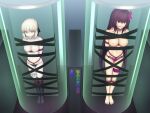  2girls artoria_pendragon_(alter_swimsuit_rider)_(fate) artoria_pendragon_(fate) bdsm black_thighhighs blonde_hair bondage bound bound_arms bound_legs cleave_gag cloth_gag commission crotch_rope fate/grand_order fate_(series) flower from_above gag gagged hair_flower hair_ornament improvised_gag multiple_girls nipples no_shoes purple_hair red_eyes restrained sakurayashiki_nisei scathach_(fate) scathach_(swimsuit_assassin)_(fate) shibari stasis_tank swimsuit thighhighs yellow_eyes 