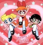  3girls absurdres alternate_legwear anniversary black_hair blonde_hair blossom_(ppg) blue_eyes blush bow bubbles_(ppg) buttercup_(ppg) dress eyelashes green_eyes hair_bow heart heart_background highres kim_crab long_hair looking_at_viewer mary_janes multiple_girls orange_hair pink_background pink_eyes powerpuff_girls redrawn shoes short_dress short_hair smile star_(symbol) thighhighs twintails very_long_hair 