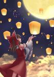  1girl absurdres bow brown_eyes brown_hair closed_mouth commentary_request detached_sleeves frilled_bow frilled_hair_tubes frills full_moon hair_bow hair_tubes hakurei_reimu highres lantern long_hair mid-autumn_festival moon night night_sky paper_lantern piaoluo_de_ying_huaban red_bow red_skirt ribbon-trimmed_sleeves ribbon_trim skirt skirt_set sky sky_lantern smile solo touhou 