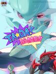  anger_vein angry black_fur blue_eyes bob_cut claws crossed_arms fang furry gardevoir green_hair highres looking_at_viewer open_mouth pokemon pokemon_(creature) pokemon_unite red_fur suahh zoroark 